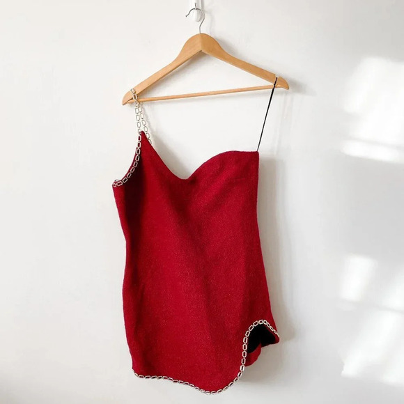 Zara Chain Trim Asymmetric Mini Dress Red Tweed Blogger Fave Size Large NWT - Picture 10 of 16